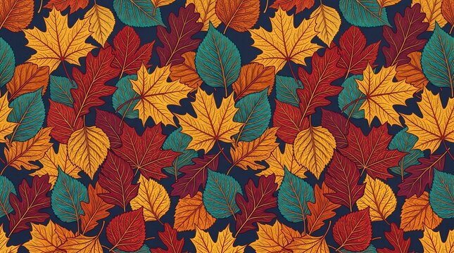 Many autumn fall leaves as seamless pattern background