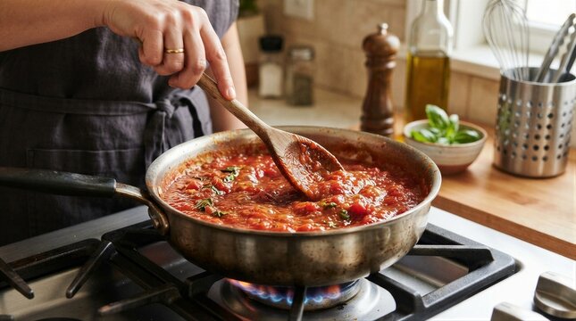 Home cook stirring tomato sauce on gas stove in kitchen