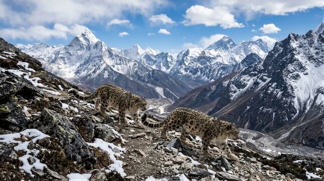 Snow leopards moving along rocky alpine ridge with peaks