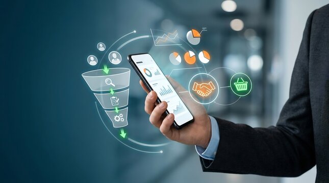Hand holding smartphone with sales funnel interface in office