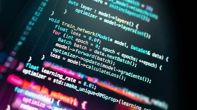 Blurred close-up of programming code, highlighting colorful syntax on a dark screen.