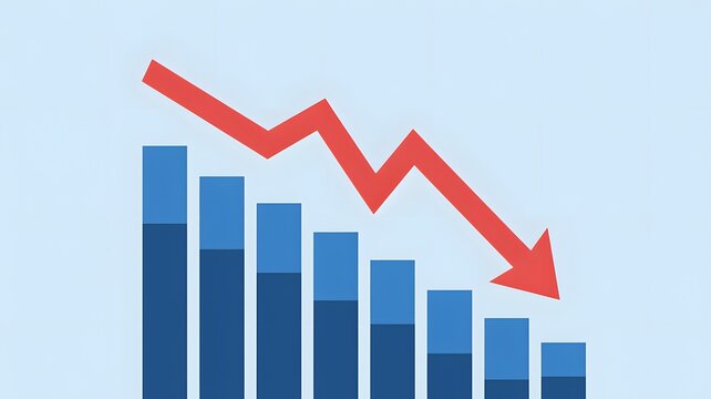 A business bar chart showing a downward trend with a red arrow indicating financial loss and decline