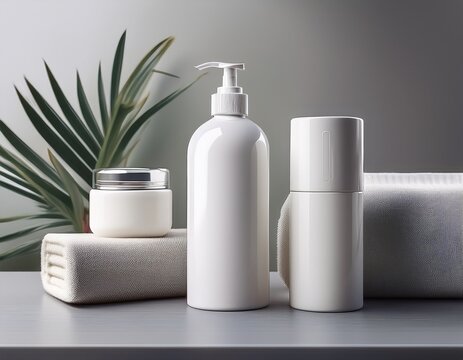 a white plastic mockup bottle designed for shampoo or shower gel along with a dispenser and a glass container for cream