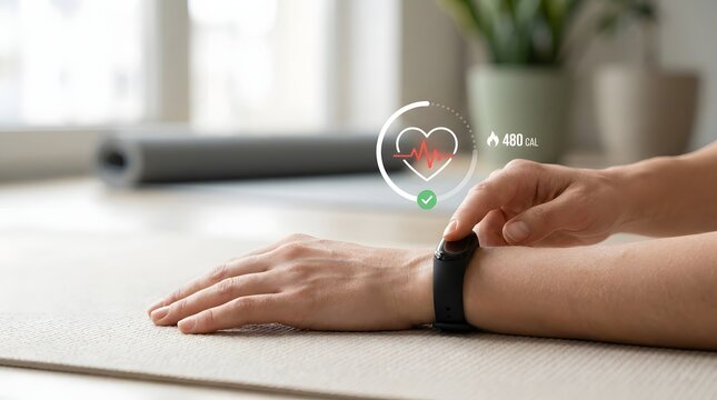 Person using fitness tracker watch monitoring heart rate during workout on yoga mat with smartwatch exercise wellness activity technology lifestyle wearable