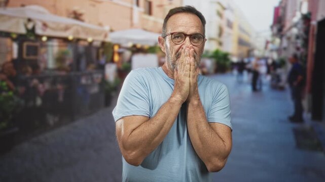Man with hands covering mouth in a startled gesture on a street cafe, wearing glasses and light t shirt; anxiety reflection.