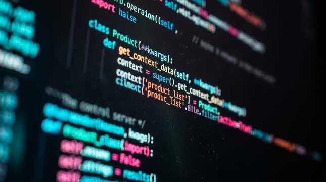 Close-up of colorful programming code on a computer screen, showing syntax.