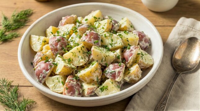 Potato salad served in ceramic bowl on wooden table