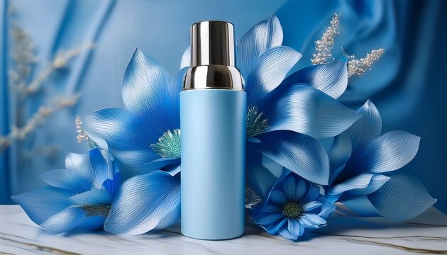 cosmetic squeeze bottle container mockup with elegant blue floral accents