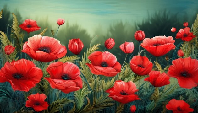 crimson poppy blossoms poppies in a verdant meadow endless horizontal border