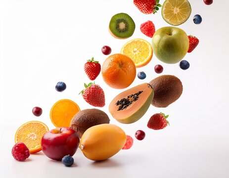 fruits falling on white background mixed fruits healthy food