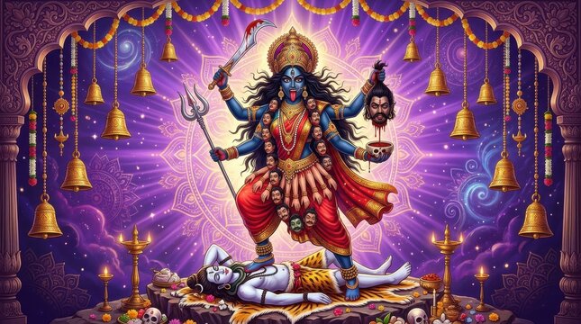 Kali the hindu goddess stands powerfully amidst a dramatic purple and gold setting hinduism deity divine mythology religion spiritual sacred powerful fierce intimidating