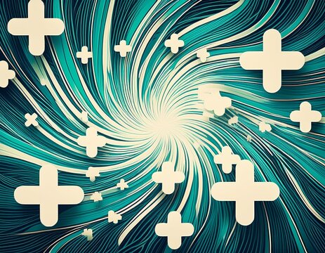 a background with a swirling design of white and teal plus signs spreading out from the center