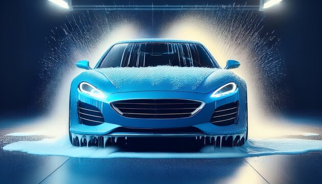 modern blue luxury sport car in a car wash with foam transport concept banner generative ai