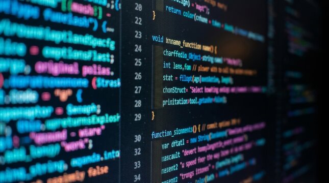 Detailed view of colorful code text on a monitor, showcasing software development and coding concepts.
