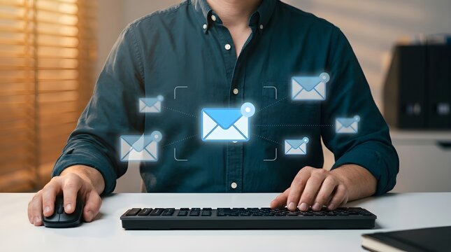 Person working on computer keyboard receiving multiple email notifications