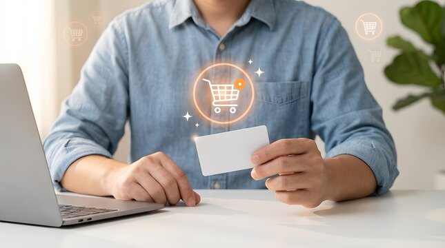 Online shopping concept with person holding credit card and virtual cart icon