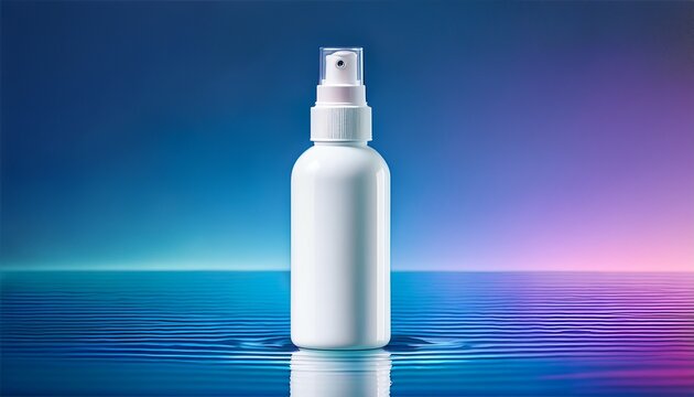 this minimalist image highlights a chic white spray bottle with a tidy design placed on a clear blue water surface with a gentle gradient of blue and purple behind it great for skincare or beauty