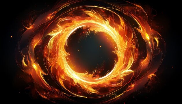 a fiery circular abstract design with an intense orange and yellow glow against a stark black background it appears to be a ring of fire