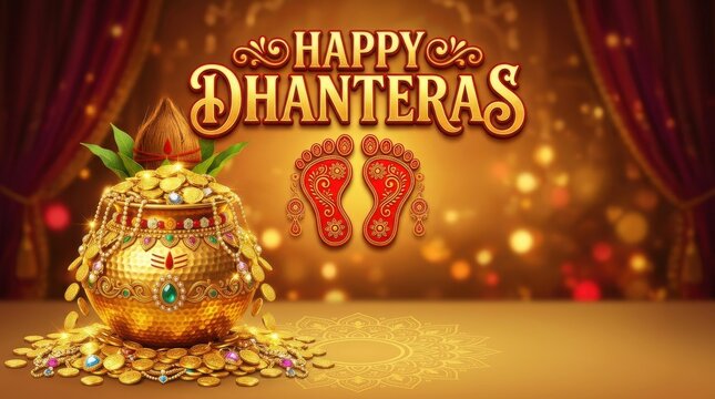 Golden pot filled with coins and footprints depicts a celebratory dhanteras scene festival celebration wealth prosperity auspicious traditional indian hindu religious ornate decorative