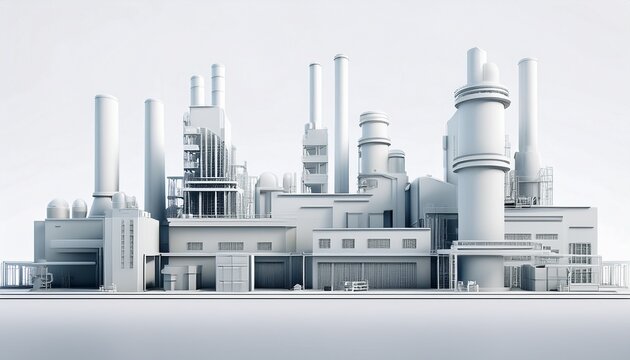 a 3d rendering of a white factory complex with a white background