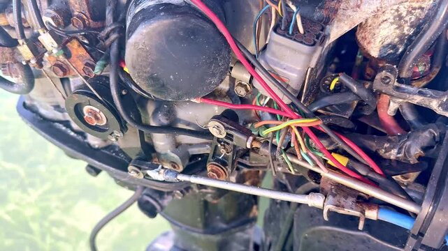 Close up view of an outboard motor running