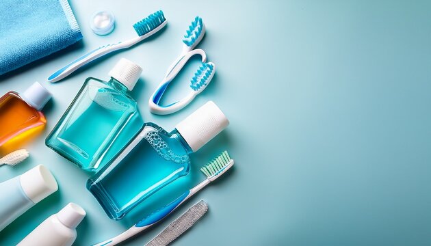 a colorful tabletop view featuring mouthwash and various oral hygiene products leaving room for text flat lay style focus on dental hygiene oral care items with a light background and space