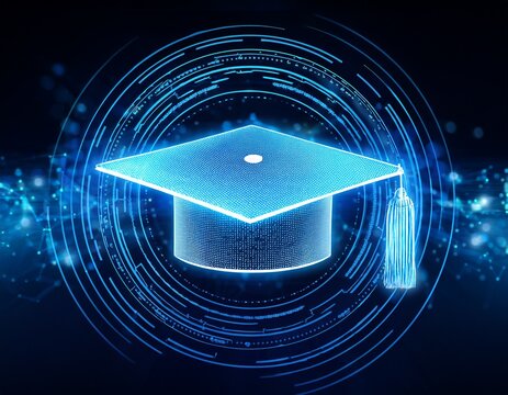 digital graduation cap constructed of glowing blue particles on a circular tech design