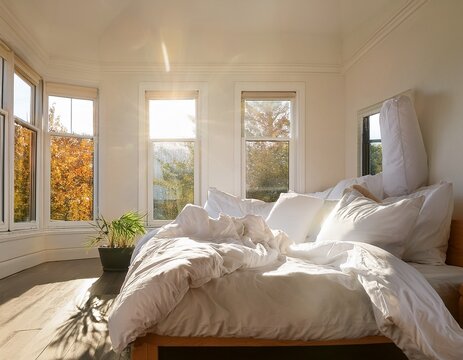 sunlit pristine white bed with piled pillows and rumpled sheets evoking a feeling of calm