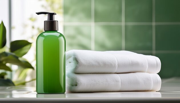 a green bottle of moisturizing lotion sits alongside two white towels in the bathroom it s all about body and skin care here plenty of room for text high quality image