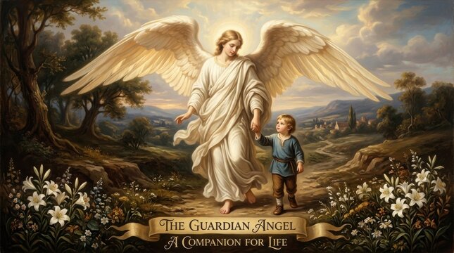 Guardian angel with child walks through a scenic landscape painted in a classical style youth seraph heavenly divine protection care compassion idyllic pastoral