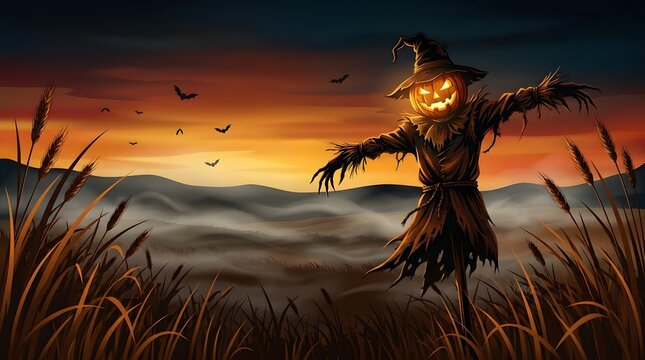 Spooky pumpkin scarecrow in a foggy field at sunset with flying bats