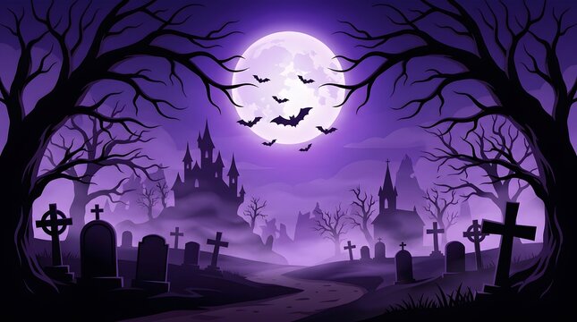 Spooky purple cemetery background with full moon, eerie castle, and flying bats