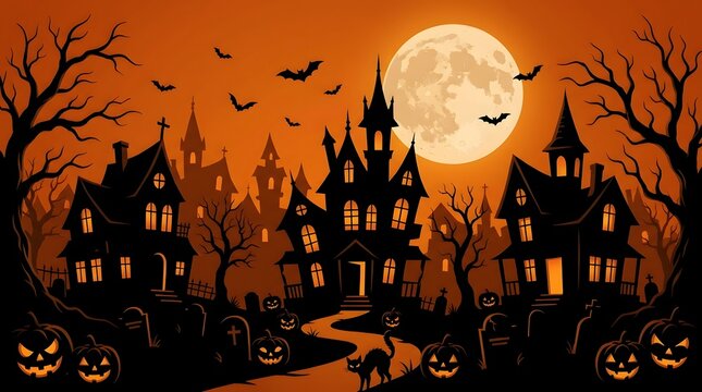 Spooky orange haunted village background with full moon, silhouette castles, and glowing pumpkins