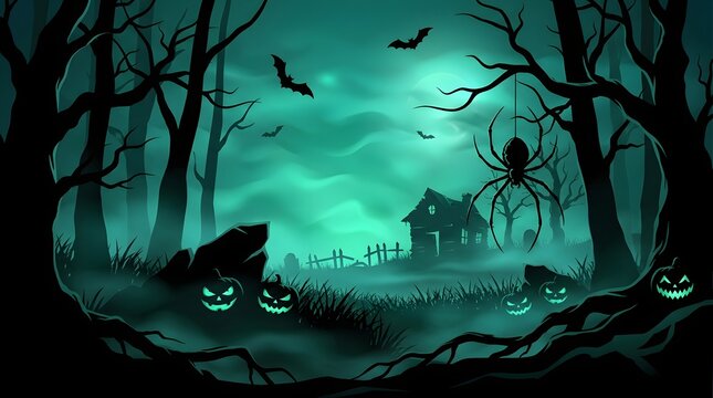 Spooky green haunted forest background with creepy house, glowing pumpkins, and giant spider