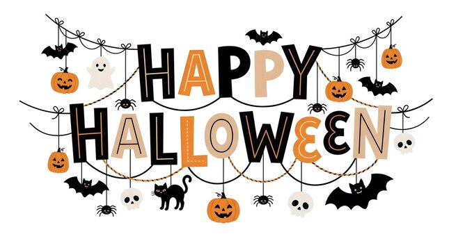 Happy Halloween typography banner with hanging cute elements and white background