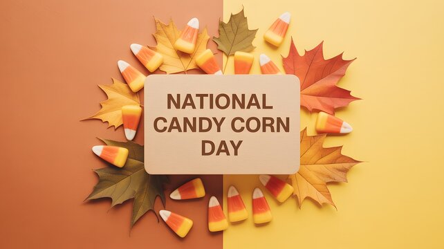 National candy corn day sign surrounded by autumn leaves and colorful candy corn on a two tone background