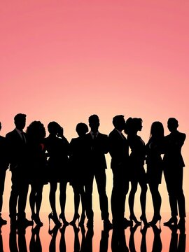 Silhouettes of diverse professionals standing in line, showcasing different body types, workplace, accessories