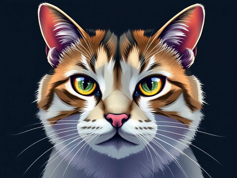 Sleek illustration of a cat's face with whiskers and piercing eyes, playful, friend