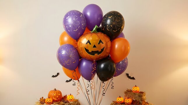 Halloween party balloon bouquet decoration with pumpkin foil balloon and mini pumpkins