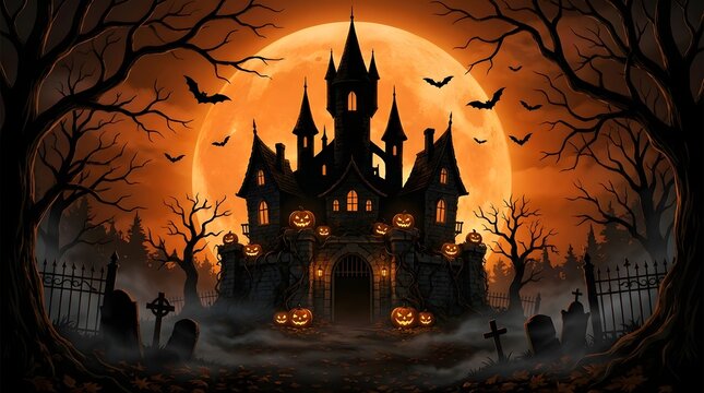 Spooky haunted castle background with full moon, glowing pumpkins, and cemetery
