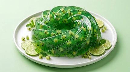 Obraz premium Swirled green kiwi jelly dessert on white plate with lime