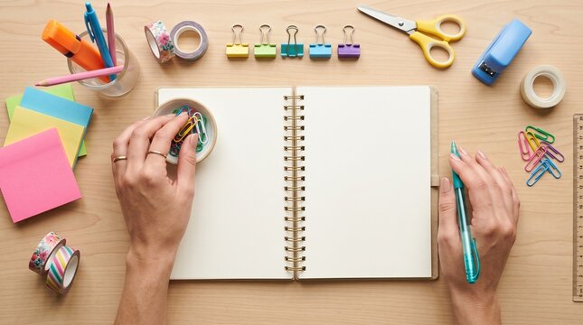 Overhead view of hands organizing colorful stationery supplies around an open notebook on a wooden desk