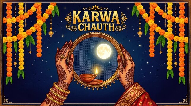 Floral ornament with karwa chauth text and moon reflection vector illustration marigold garland design pattern festival indian traditional culture celebration lamp divine spiritual