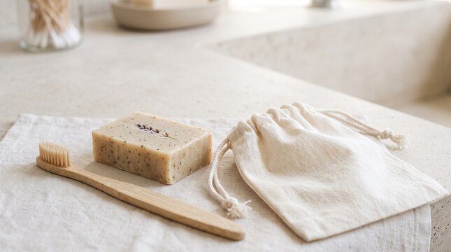 Sustainable bathroom essentials including a bamboo toothbrush and natural bar soap with lavender on a linen cloth
