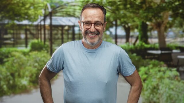 Man with glasses and short beard stands with hands on hips wearing light blue t shirt by bench and trellis in street; confidence.
