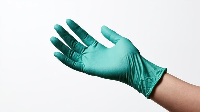 A hand wearing a green medical glove isolated on white background