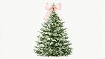 Obraz premium Watercolor christmas tree with a soft pink bow topper isolated on white background