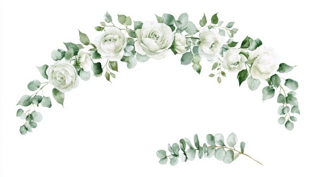 Watercolor floral arch with white roses and eucalyptus leaves isolated on white background