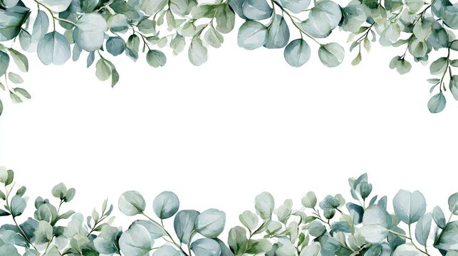 Watercolor eucalyptus leaves frame border isolated on white background