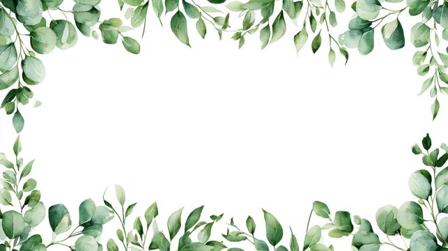 Watercolor eucalyptus leaves frame border isolated on white background
